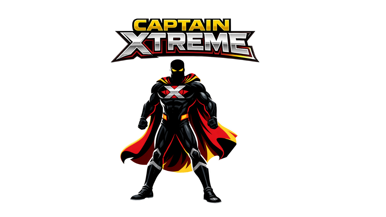 Muscular superhero in a black suit with a silver “X” on his chest, glowing yellow eyes, and a red, black, and yellow cape. He stands powerfully like a fearless comic book hero ready for action.